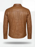 Rear view of tan leather western shirt showing pointed western back yoke and vertical center seam. The Colton by Maverick Jacket.