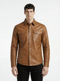 Male model wearing Maverick Colton tan leather western shirt, regular fit, styled with black jeans. Maverick Jacket.