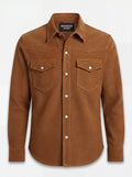 Men's tan suede western shirt with pointed western yokes and dual chest flap pockets, Front View. The Shane by Maverick Jacket.
