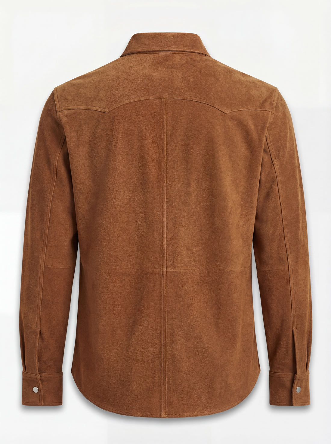 Men's tan suede western shirt with pointed western yokes and dual chest flap pockets, Front View. The Shane by Maverick Jacket.