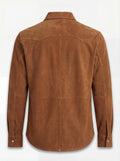 Rear view of tan suede western shirt showing pointed western back yoke and vertical center seam. The Shane by Maverick Jacket.