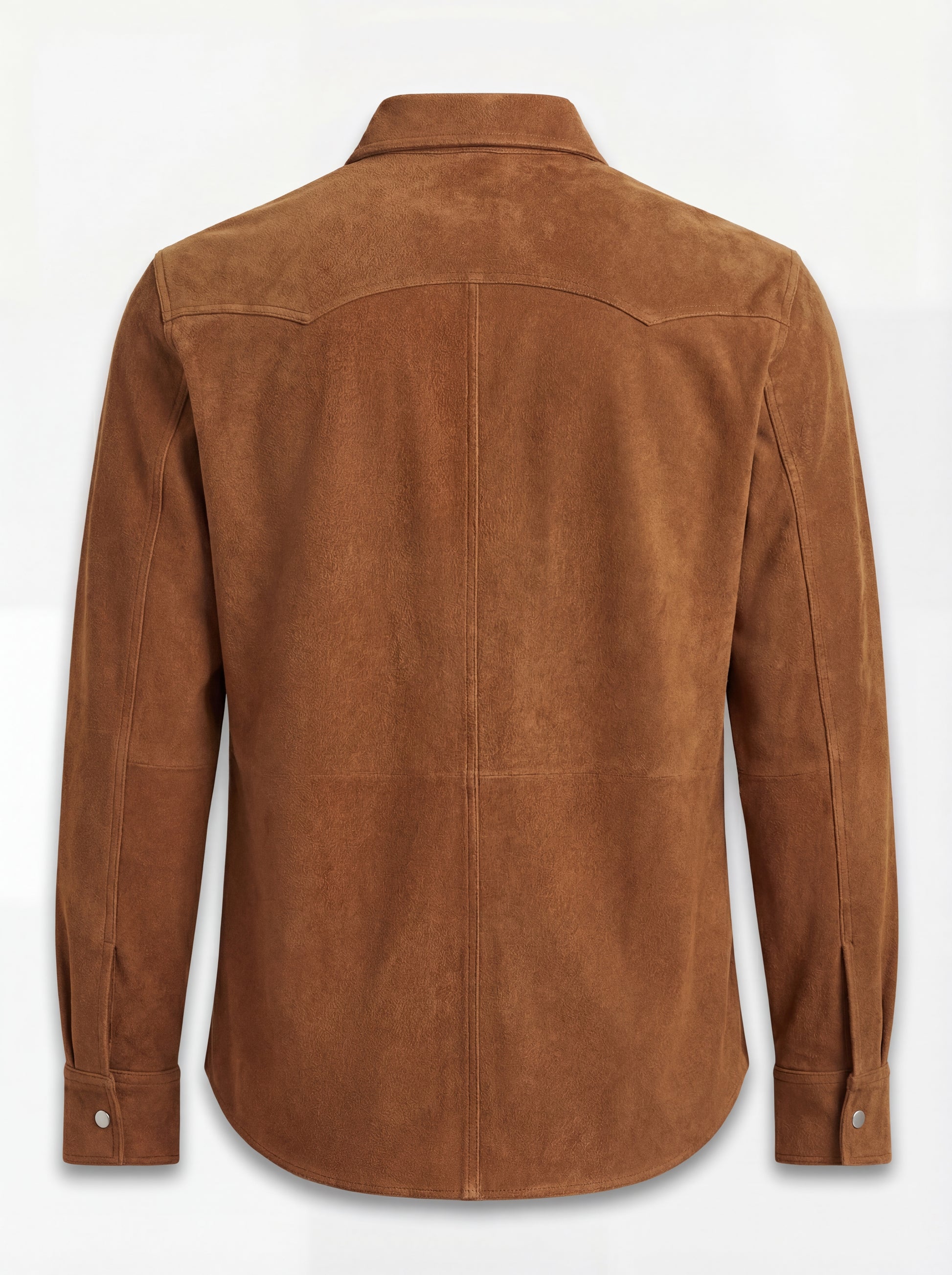 Rear view of tan suede western shirt showing pointed western back yoke and vertical center seam. The Shane by Maverick Jacket.