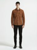 Male model wearing Maverick Shane tan suede western shirt, regular fit, styled with black jeans. Maverick Jacket.