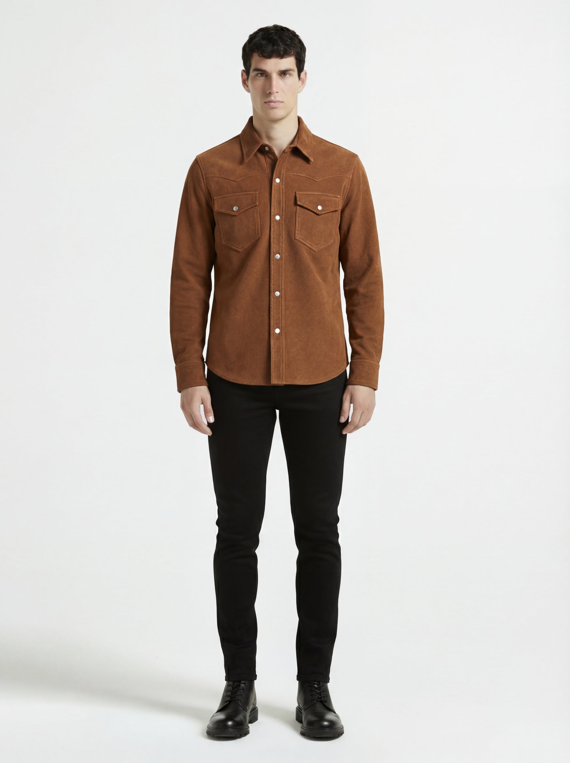 Male model wearing Maverick Shane tan suede western shirt, regular fit, styled with black jeans. Maverick Jacket.