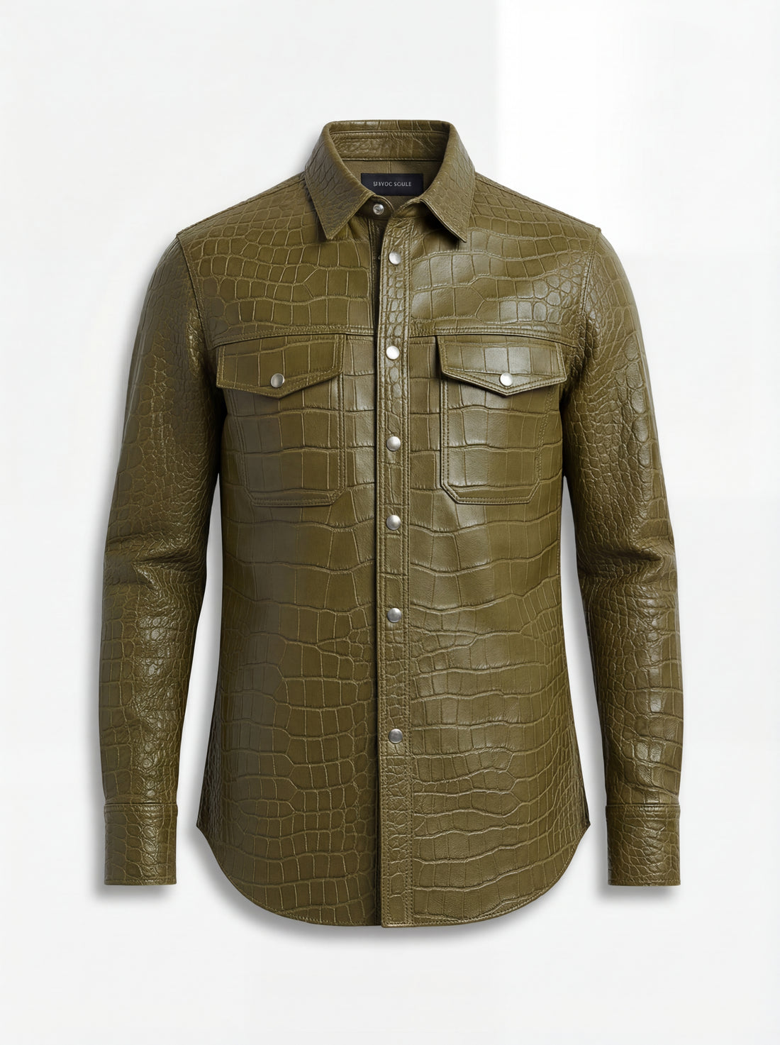 Men's croc-embossed leather western shirt with pointed western yokes and dual chest flap pockets, Front View. The Roman by Maverick Jacket.