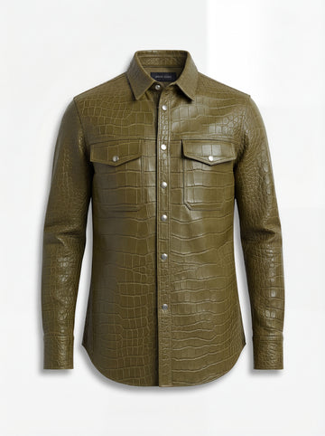 Men's croc-embossed leather western shirt with pointed western yokes and dual chest flap pockets, Front View. The Roman by Maverick Jacket.