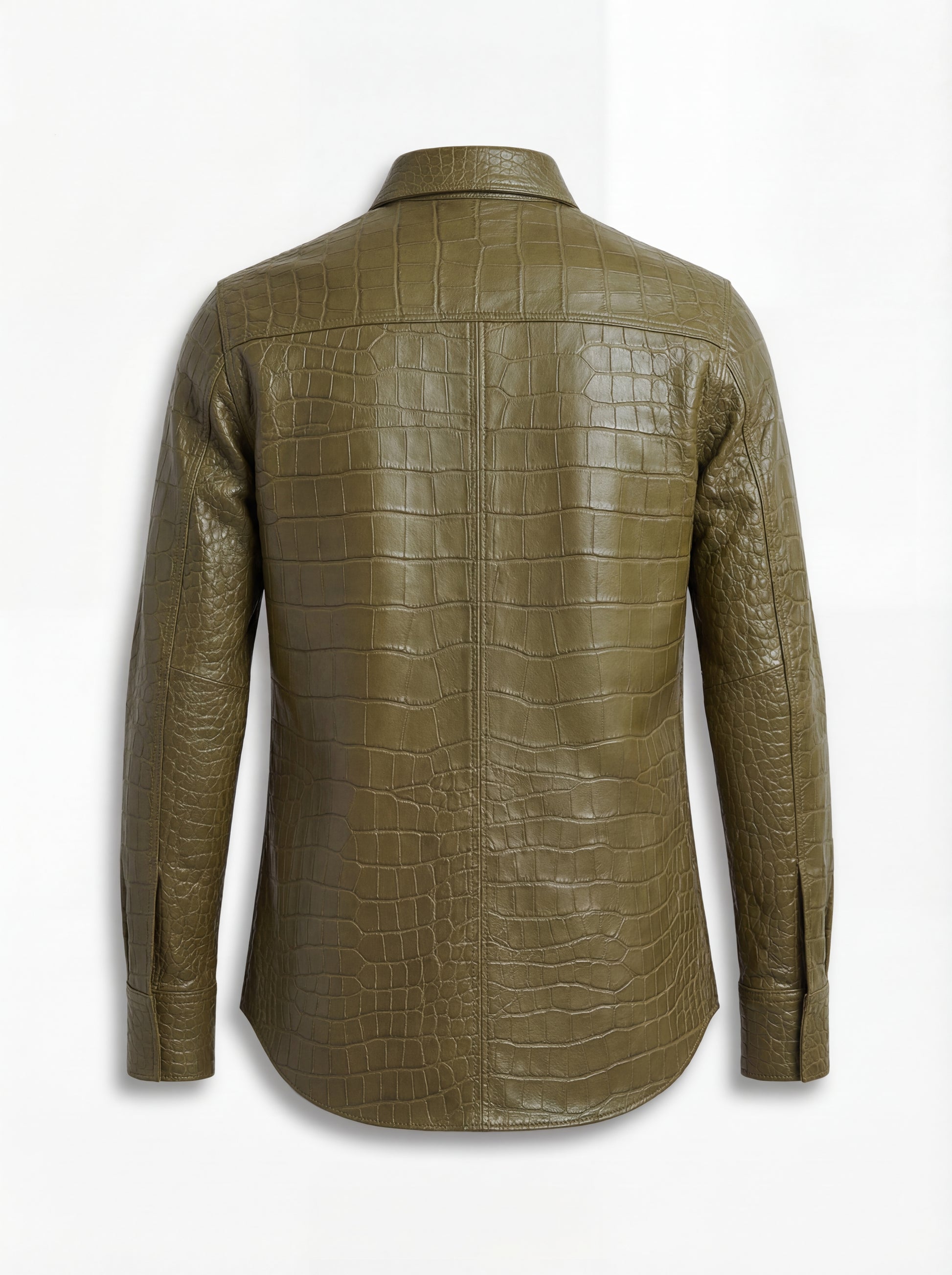 Rear view of croc-embossed leather western shirt showing pointed western back yoke and vertical center seam. The Roman by Maverick Jacket.