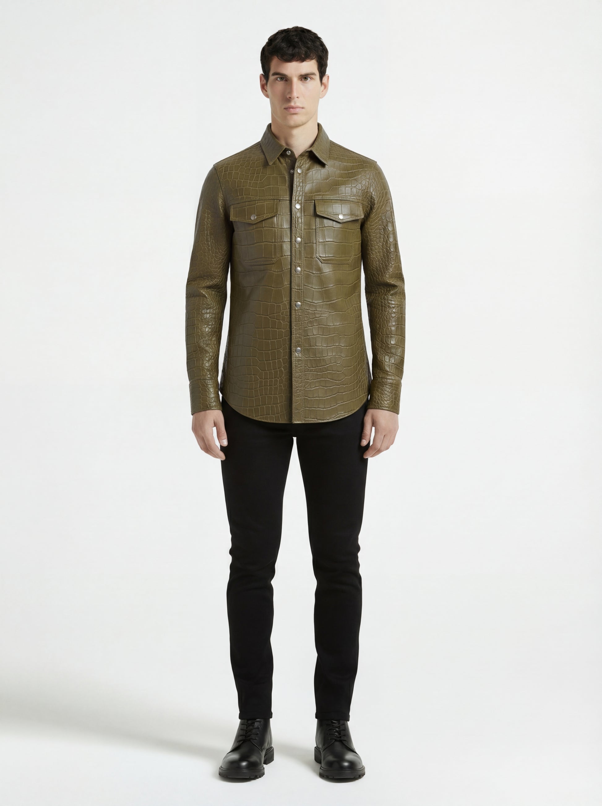 Male model wearing Maverick Roman croc-embossed leather western shirt, regular fit, styled with black jeans. Maverick Jacket.