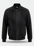 Men's black suede bomber jacket with ribbed knit collar and silver zipper closure, Front View. The Felix by Maverick Jacket.
