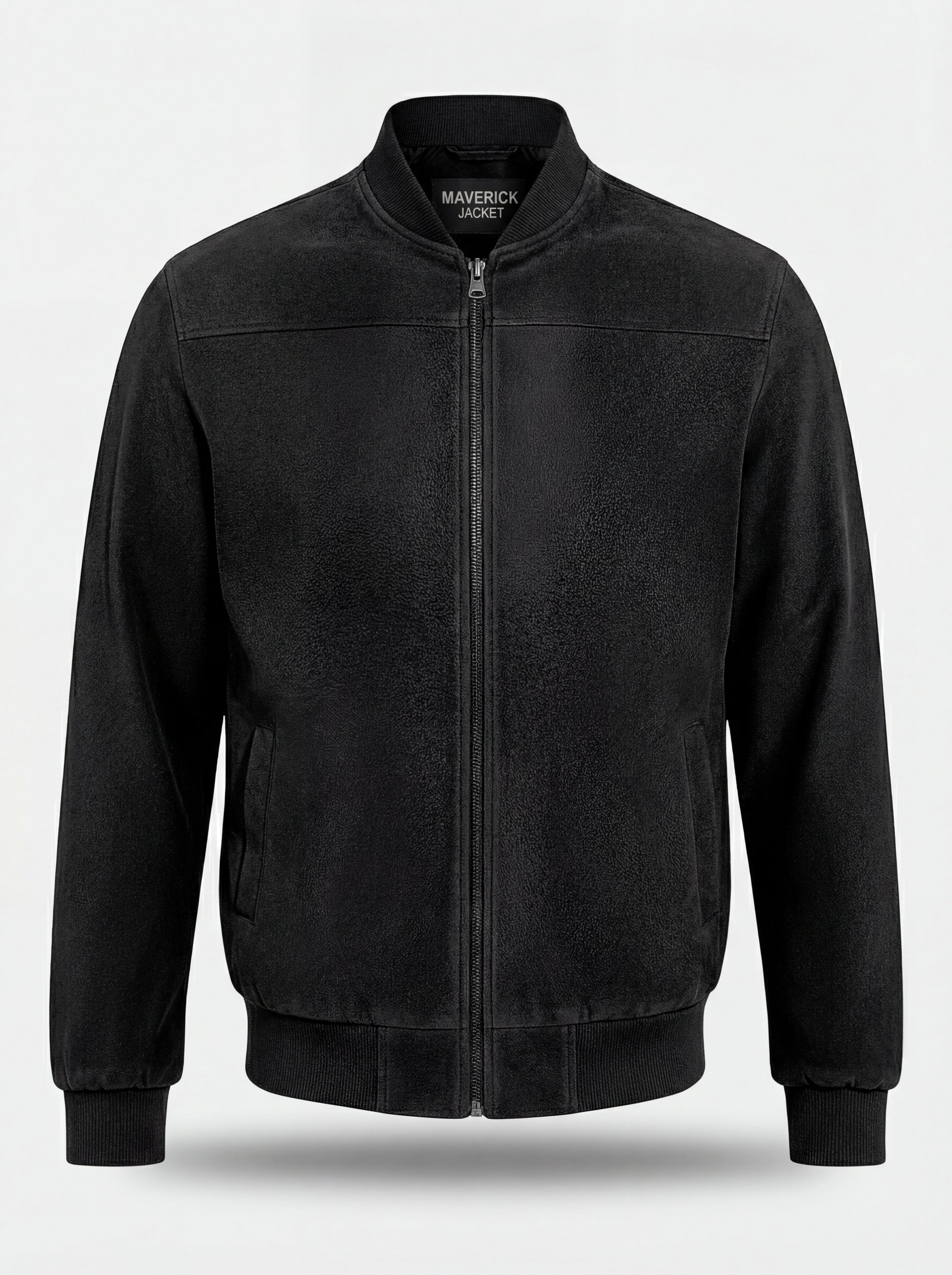 Men's black suede bomber jacket with ribbed knit collar and silver zipper closure, Front View. The Felix by Maverick Jacket.