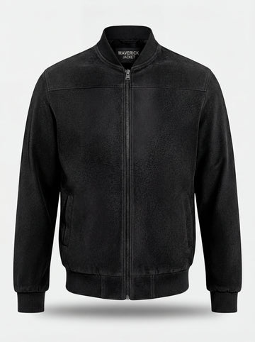 Men's black suede bomber jacket with ribbed knit collar and silver zipper closure, Front View. The Felix by Maverick Jacket.