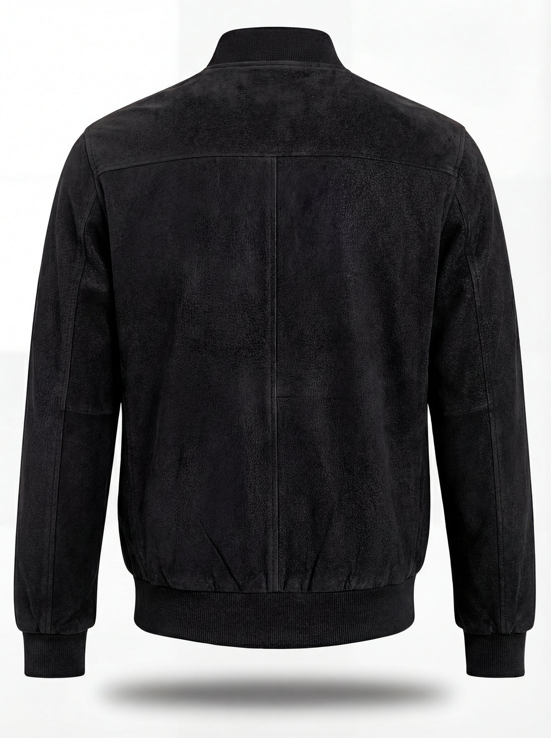 Men's black suede bomber jacket with ribbed knit collar and silver zipper closure, Front View. The Felix by Maverick Jacket.