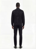 Rear view of male model wearing Maverick Felix suede bomber jacket showing broad shoulder fit and ribbed waist styling. Maverick Jacket.