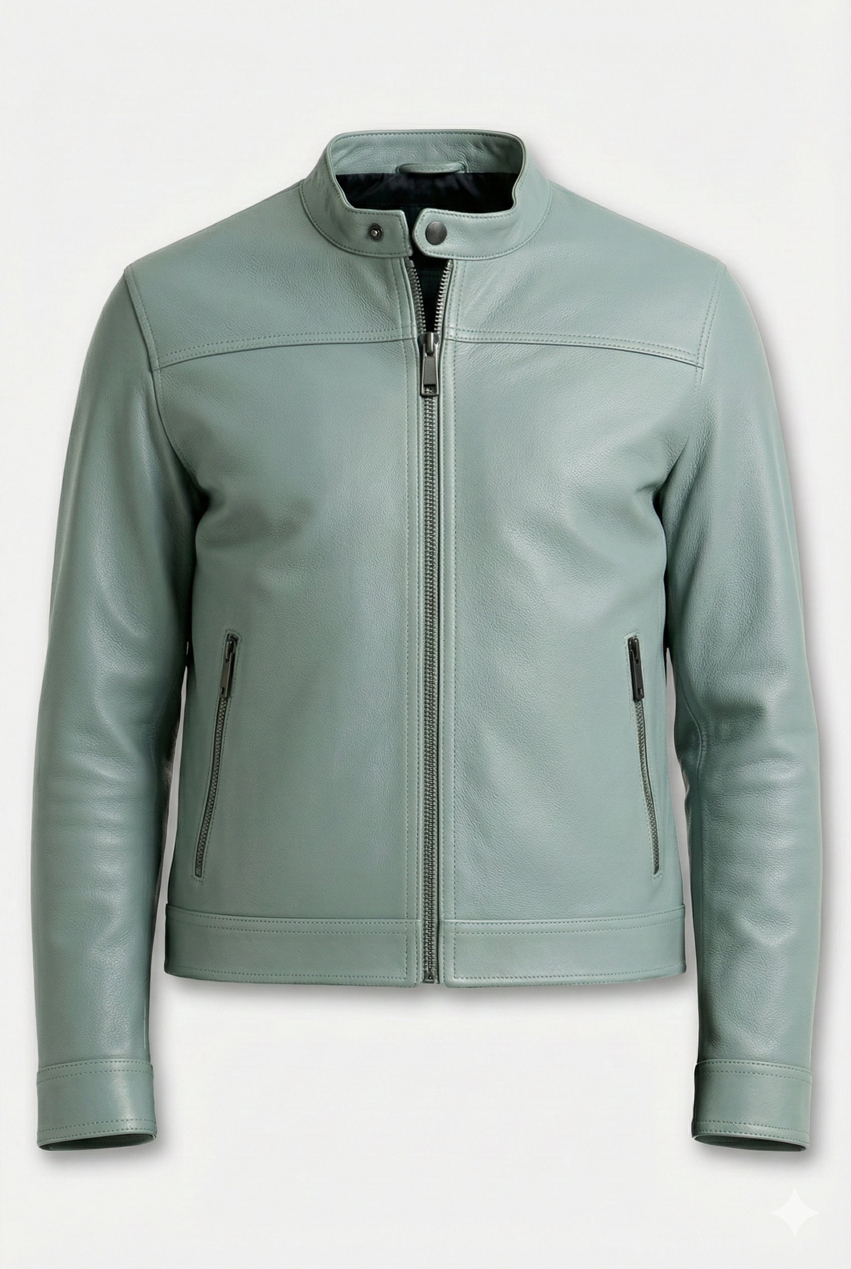 Men's sage green leather biker jacket with snap-button band collar and zippered cuffs, Front View. The Orion by Maverick Jacket.