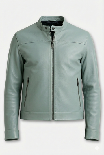 Men's sage green leather biker jacket with snap-button band collar and zippered cuffs, Front View. The Orion by Maverick Jacket.