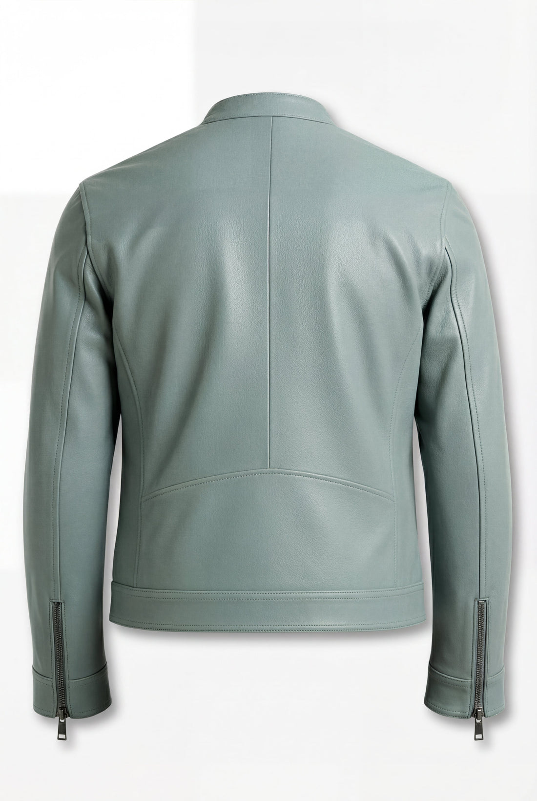 Men's sage green leather biker jacket with snap-button band collar and zippered cuffs, Front View. The Orion by Maverick Jacket.