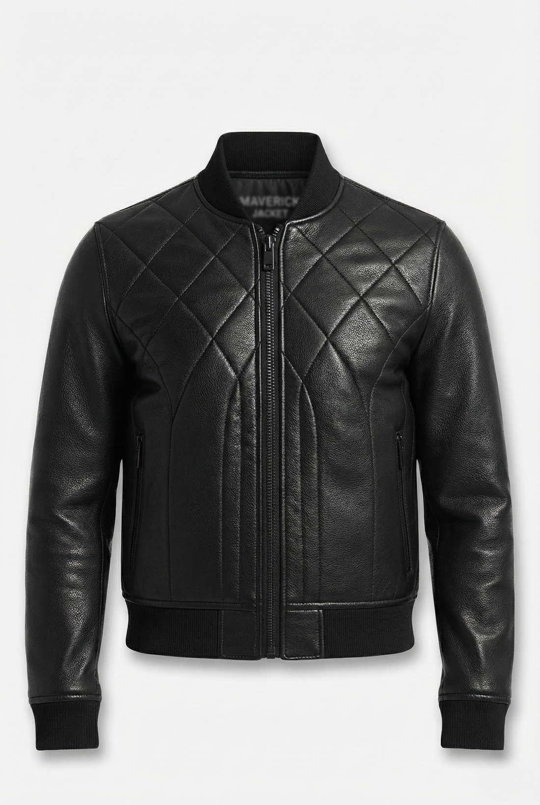 Men's black leather bomber jacket with diamond quilted pattern and ribbed knit collar, Front View. The Vanta by Maverick Jacket.