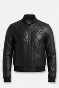 Men's black leather bomber jacket with diamond quilted pattern and ribbed knit collar, Front View. The Vanta by Maverick Jacket.