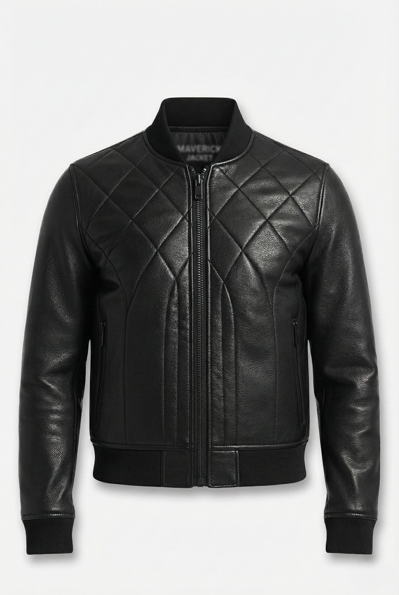 Men's black leather bomber jacket with diamond quilted pattern and ribbed knit collar, Front View. The Vanta by Maverick Jacket.
