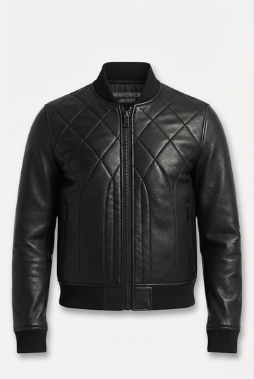 Men's black leather bomber jacket with diamond quilted pattern and ribbed knit collar, Front View. The Vanta by Maverick Jacket.