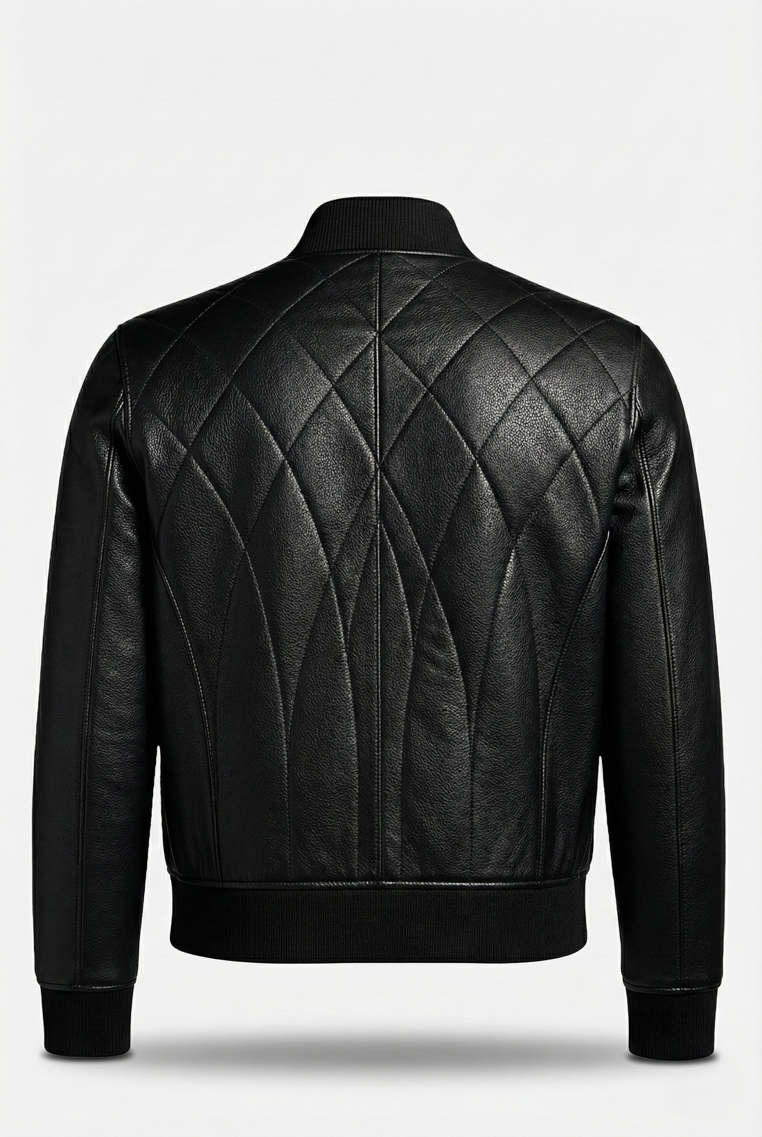 Men's black leather bomber jacket with diamond quilted pattern and ribbed knit collar, Front View. The Vanta by Maverick Jacket.
