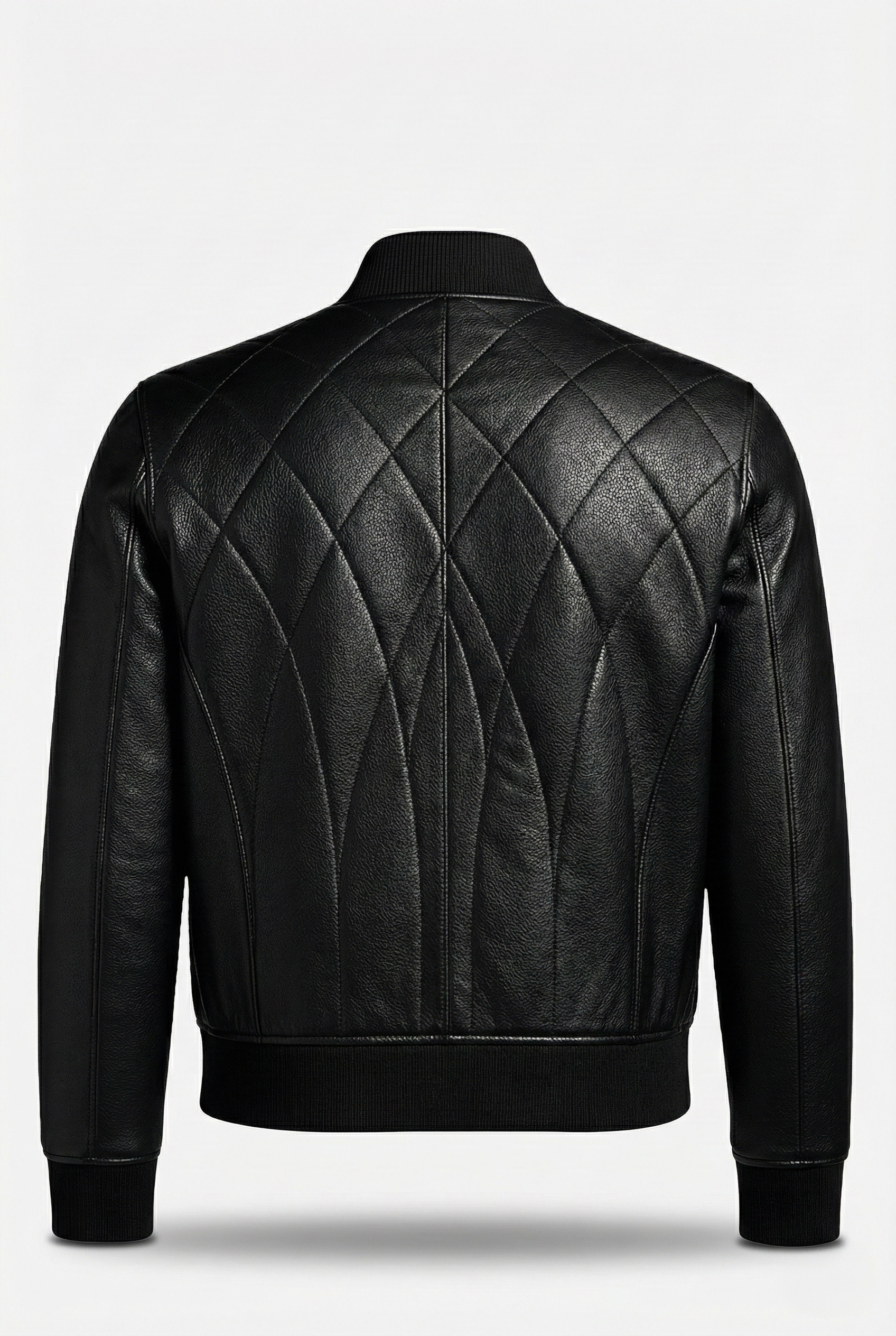 Rear view of black leather bomber jacket showing elaborate diamond quilting and vertical spine paneling. The Vanta by Maverick Jacket.