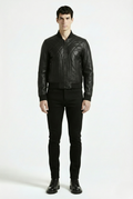 Male model wearing Maverick Vanta bomber jacket, slim fit, styled with black skinny jeans and leather combat boots. Maverick Jacket.