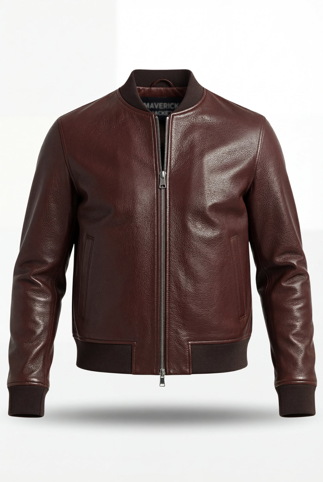 Men's dark brown pebbled leather bomber jacket with ribbed knit stand collar and silver center zipper, Front View. The Ferran by Maverick Jacket.