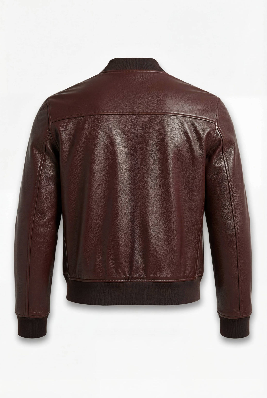 Men's dark brown pebbled leather bomber jacket with ribbed knit stand collar and silver center zipper, Front View. The Ferran by Maverick Jacket.