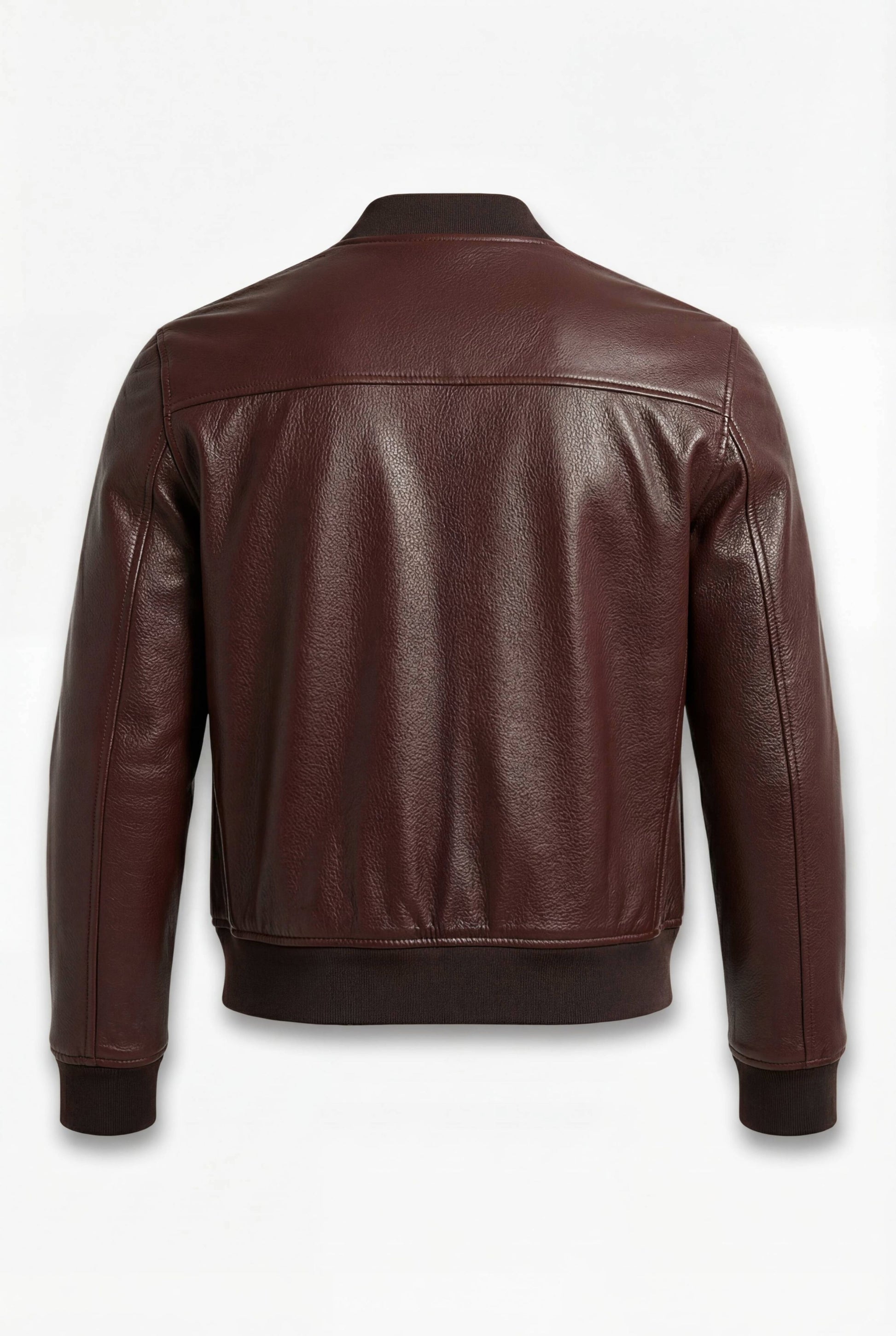 Rear view of dark brown leather bomber jacket showing horizontal shoulder yoke and clean back panel. The Ferran by Maverick Jacket.