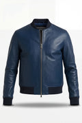 Men's navy blue pebbled leather bomber jacket with ribbed knit collar and hem, Front View. The Solaro by Maverick Jacket.
