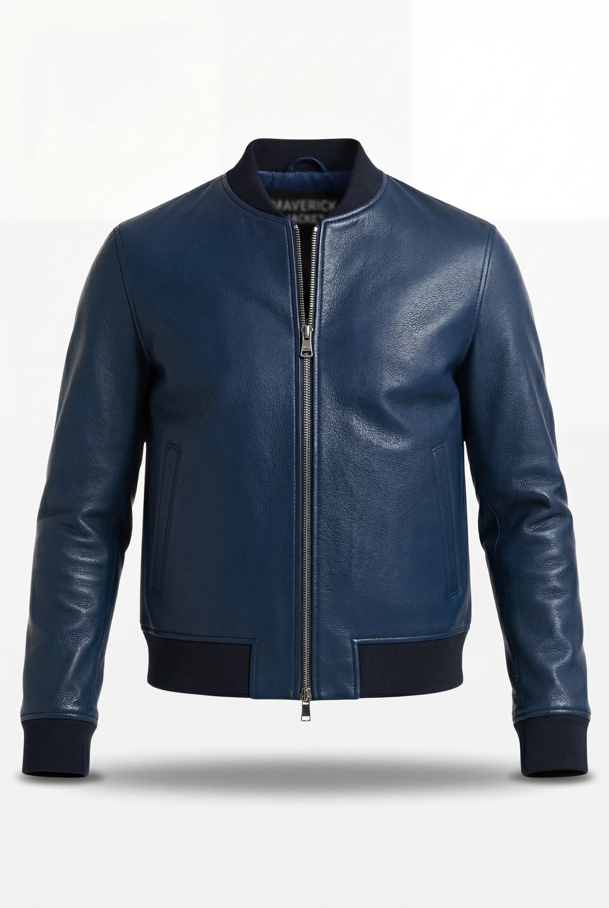 Men's navy blue pebbled leather bomber jacket with ribbed knit collar and hem, Front View. The Solaro by Maverick Jacket.