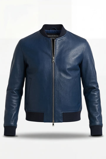 Men's navy blue pebbled leather bomber jacket with ribbed knit collar and hem, Front View. The Solaro by Maverick Jacket.