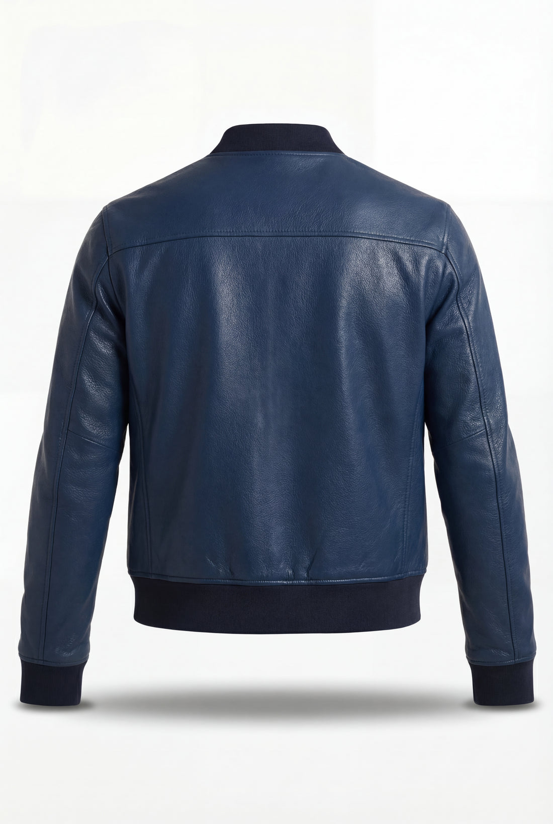 Men's navy blue pebbled leather bomber jacket with ribbed knit collar and hem, Front View. The Solaro by Maverick Jacket.