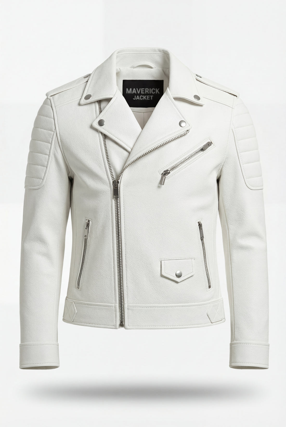 Men's white pebbled leather biker jacket with ribbed shoulder panels and asymmetrical silver zipper, Front View. The Lucent by Maverick Jacket.