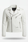 Men's white pebbled leather biker jacket with ribbed shoulder panels and asymmetrical silver zipper, Front View. The Lucent by Maverick Jacket.