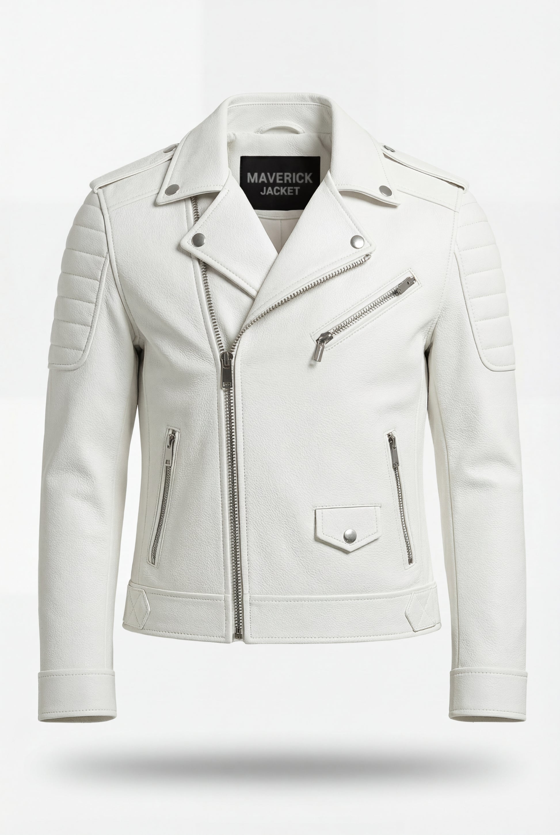 Men's white pebbled leather biker jacket with ribbed shoulder panels and asymmetrical silver zipper, Front View. The Lucent by Maverick Jacket.