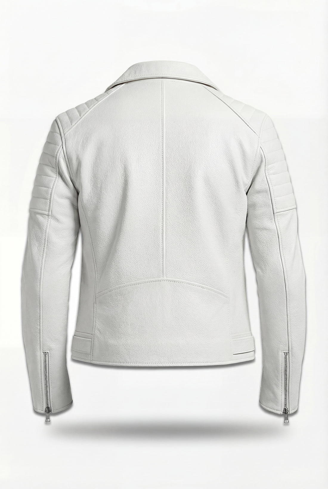 Men's white pebbled leather biker jacket with ribbed shoulder panels and asymmetrical silver zipper, Front View. The Lucent by Maverick Jacket.