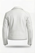 Rear view of white pebbled leather biker jacket showing vertical center seam and ribbed upper arm panels. The Lucent by Maverick Jacket.