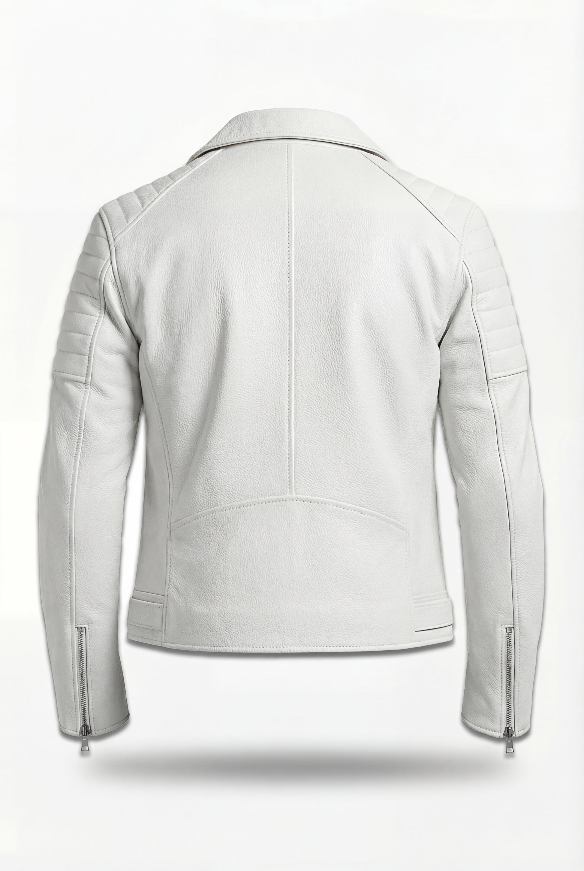Rear view of white pebbled leather biker jacket showing vertical center seam and ribbed upper arm panels. The Lucent by Maverick Jacket.
