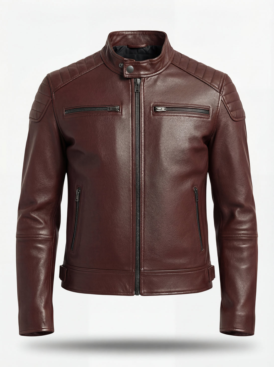 Men's reddish-brown leather café racer jacket with quilted shoulder panels and zippered chest pockets, Front View. The Thorne by Maverick Jacket.