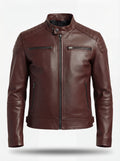 Men's reddish-brown leather café racer jacket with quilted shoulder panels and zippered chest pockets, Front View. The Thorne by Maverick Jacket.