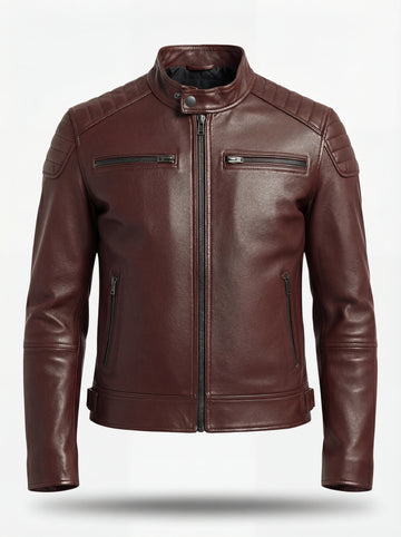 Men's reddish-brown leather café racer jacket with quilted shoulder panels and zippered chest pockets, Front View. The Thorne by Maverick Jacket.