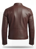 Rear view of reddish-brown leather café racer jacket showing quilted shoulder panels and vertical back seams. The Thorne by Maverick Jacket.