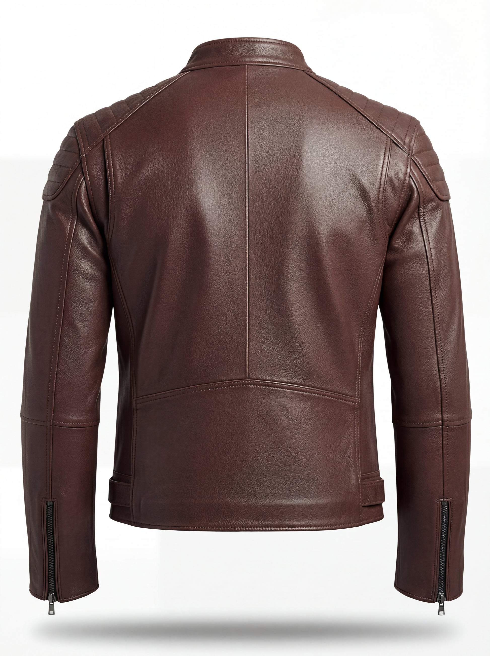 Rear view of reddish-brown leather café racer jacket showing quilted shoulder panels and vertical back seams. The Thorne by Maverick Jacket.