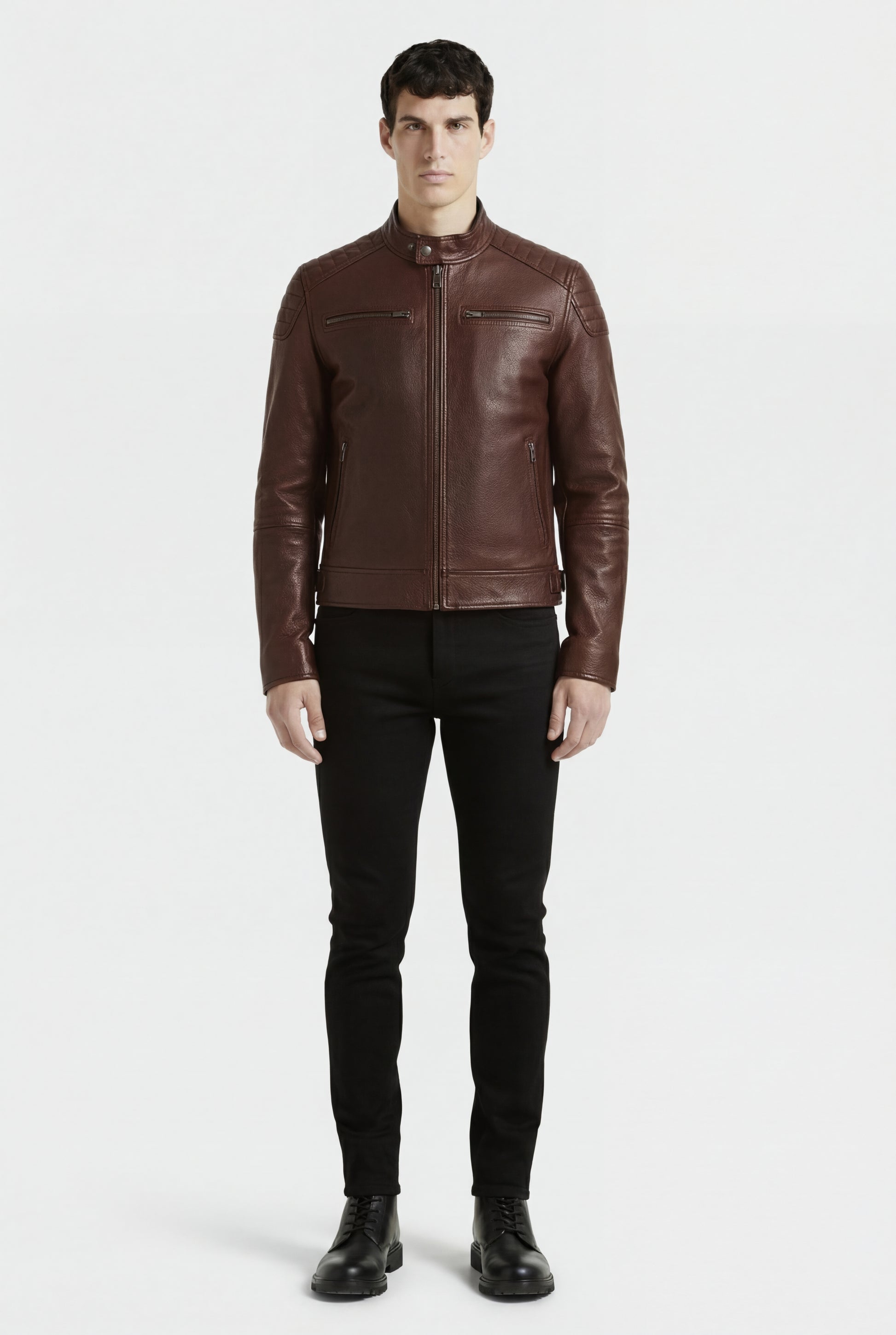 Male model wearing Maverick Thorne café racer jacket, slim fit, styled with black skinny jeans and black boots. Maverick Jacket.