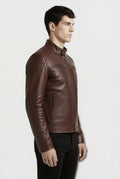 Side profile of Maverick Thorne café racer jacket showing quilted shoulder detail and slim tailored silhouette. Maverick Jacket.