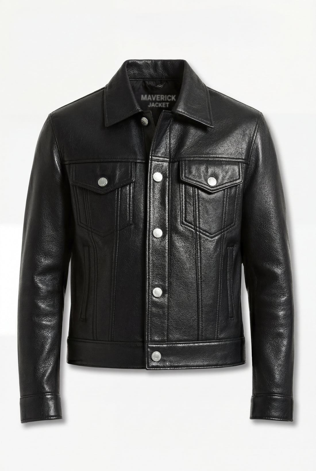 Men's black pebbled leather trucker jacket with silver button hardware and dual chest flap pockets, Front View. The Veyron by Maverick Jacket.