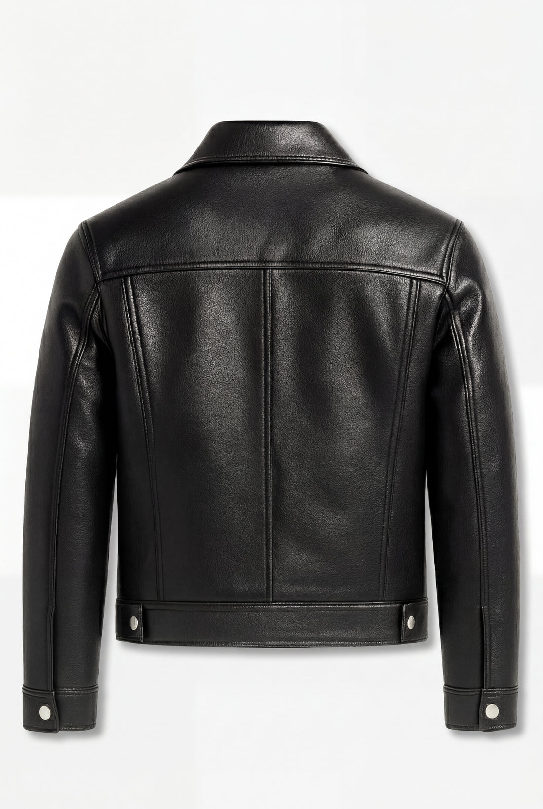 Men's black pebbled leather trucker jacket with silver button hardware and dual chest flap pockets, Front View. The Veyron by Maverick Jacket.