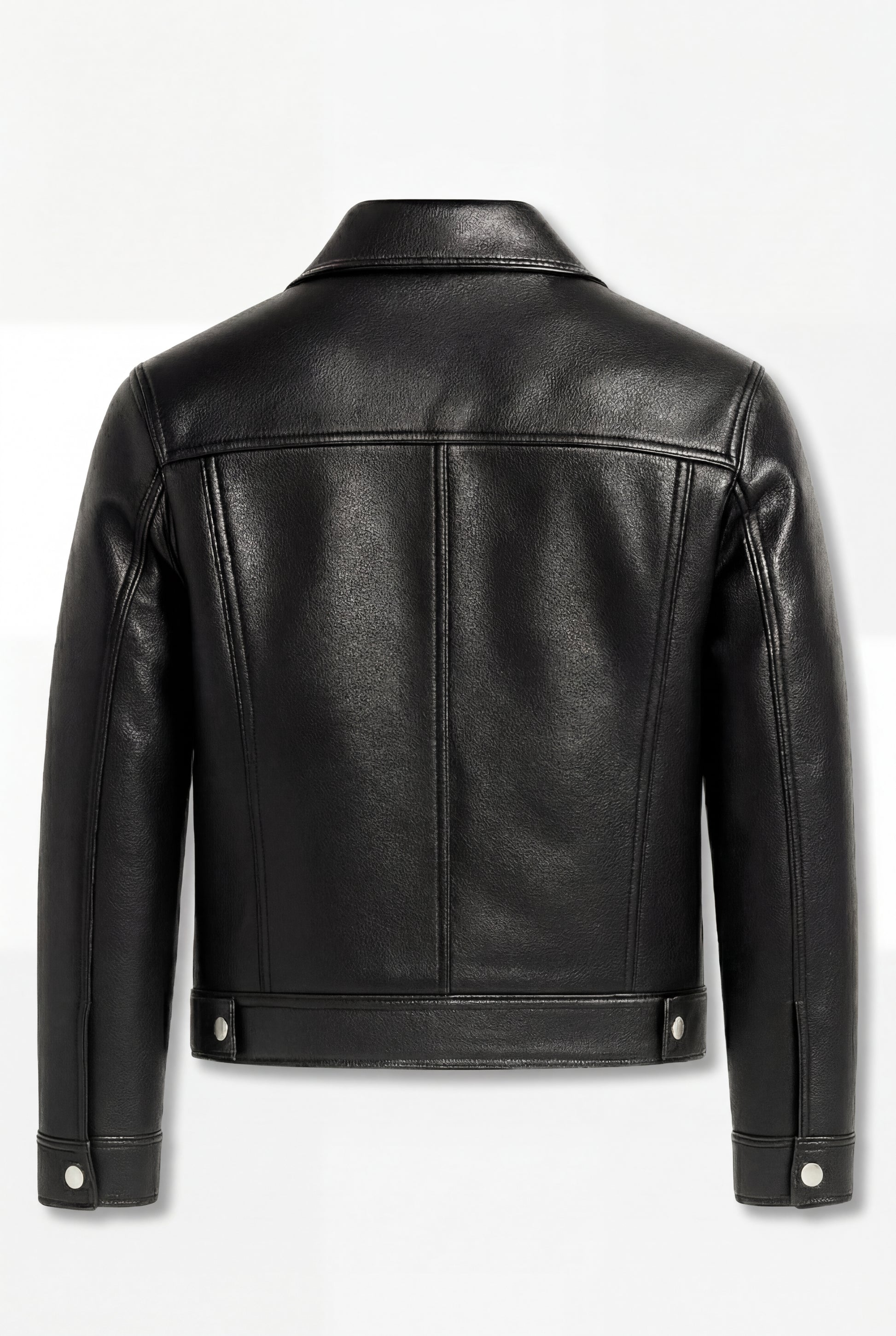 Rear view of black pebbled leather trucker jacket showing vertical center seam and adjustable waist tabs. The Veyron by Maverick Jacket.